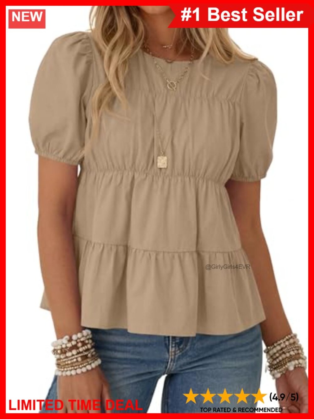 Womens Puff Short Sleeve Babydoll Peplum Pleated Cotton T Shirt